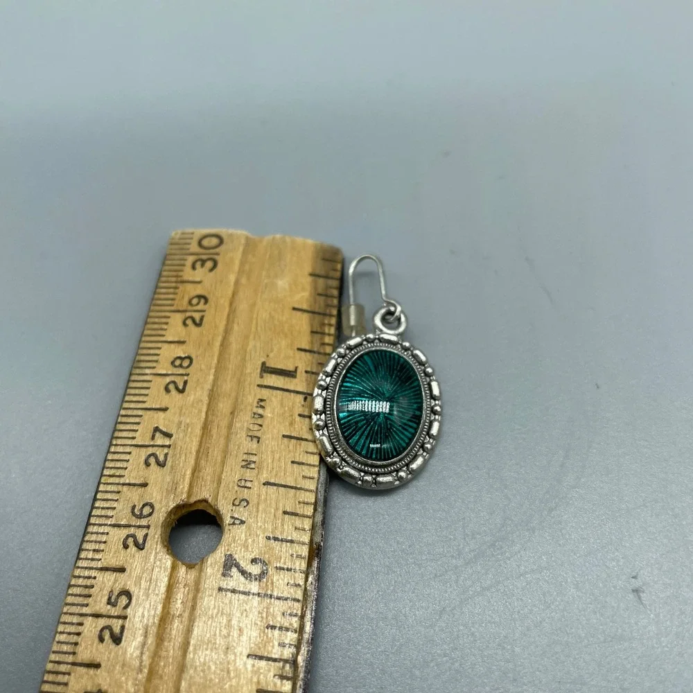 Vintage Style Teal Green Sunburst‎ Oval Drop Earrings Silver Tone Beaded Border